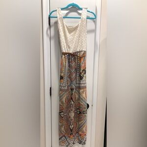 Crochet Bodice Maxi Dress with Orange Paisley Skirt and belt